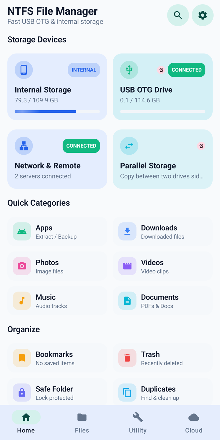 Home screen with internal storage and a connected USB OTG drive