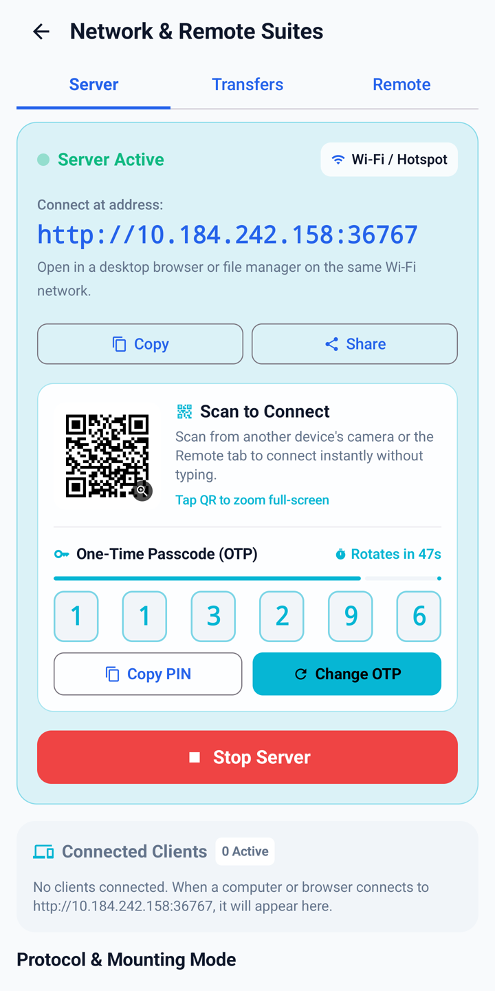 Built-in Wi-Fi file server with QR code and one-time passcode