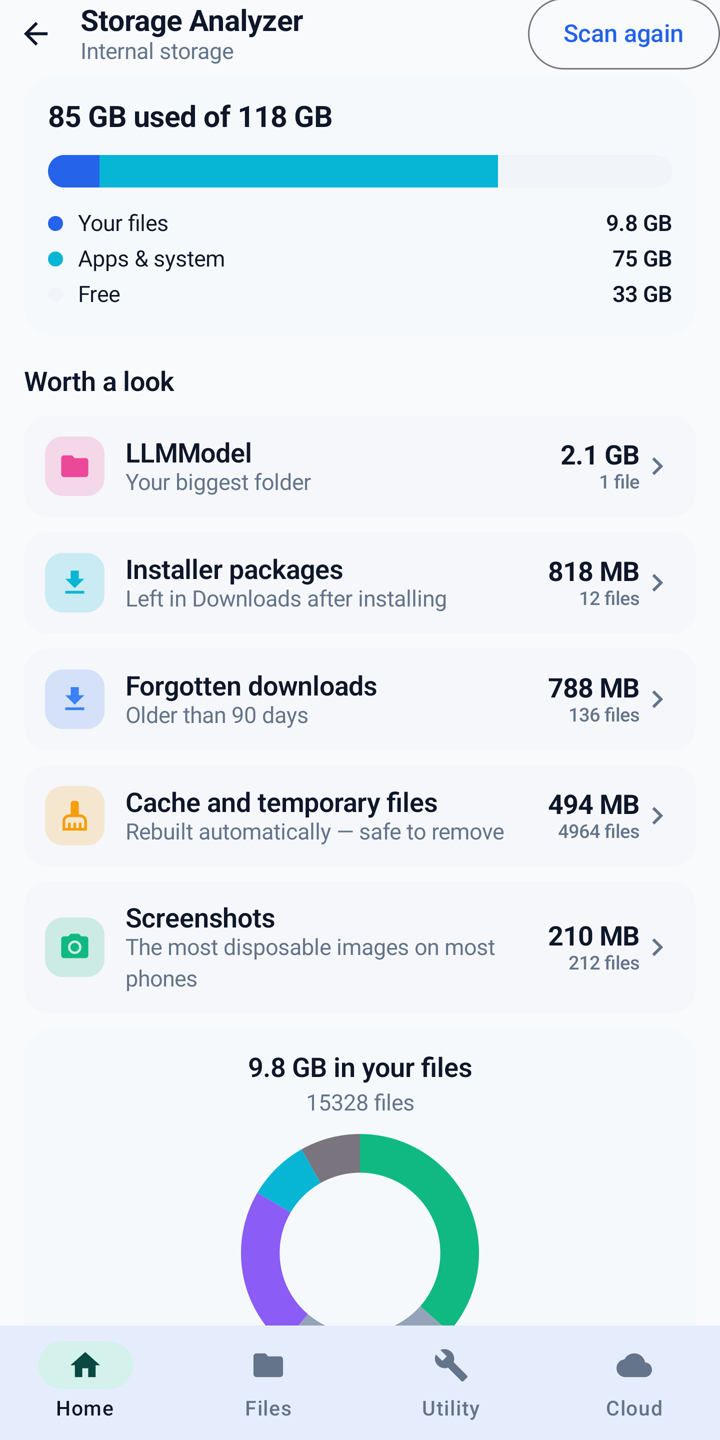 Storage analyzer showing used space by category