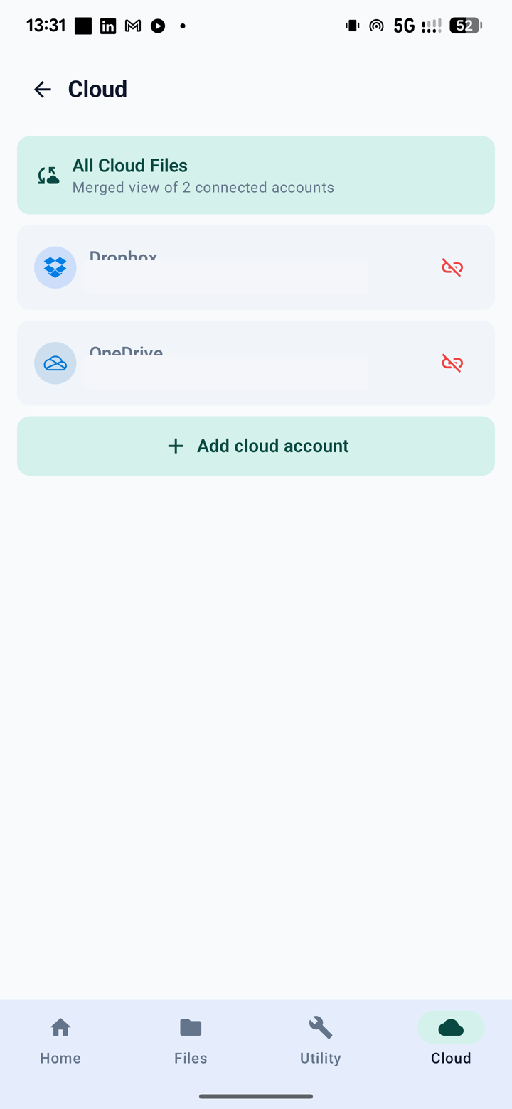Cloud tab with Dropbox and OneDrive accounts connected